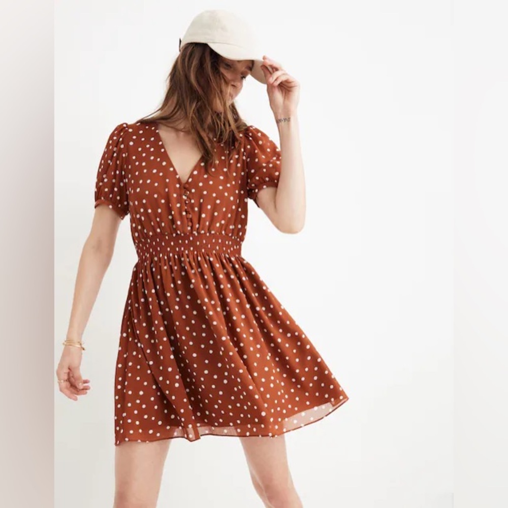 Polka Dot Smocked Waist Short Dress - Rust